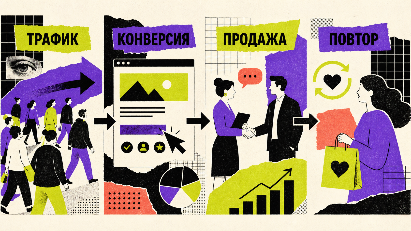 Коллаж-комикс: трафик, конверсия, продажа и повторная покупка